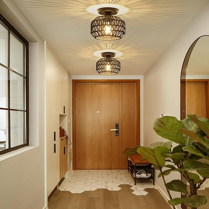1 Pack Farmhouse Light Fixtures Ceiling Mount,Black Mini Rattan Boho Semi Flush Mount Ceiling Light,Hand Woven Hallway Light Fixtures for Bedroom Entryway
