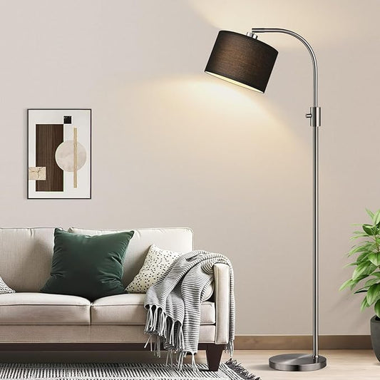 Nintiue Upgraded Modern Arc Dimmable Tall Standing Floor Lamp with Black Shade, 1200 Lumens LED Bulb Included, for Living & Reading Room, Bedroom, Office & Nursery, Brushed Nickel
