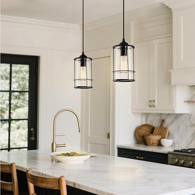 Pendant Lights, Black Hanging Light Fixtures Kitchen Island 2 Pack with Clear Glass, Modern Industrial Cage Pendant Lighting for Kitchen Dining Room Entryway Bathroom
