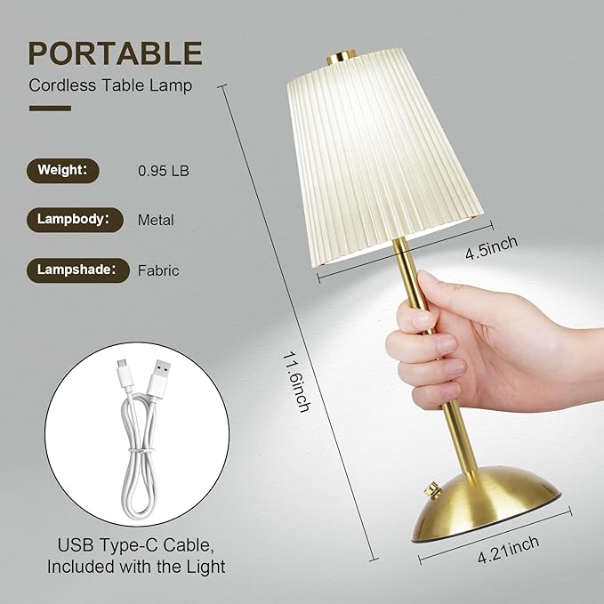 FRIDEKO HOME Rechargeable Table Lamp Gold - Cordless Battery Operated Lamp, Fabric Shade Desk Lamp, Wireless Lamp for Decor Bedroom Dining Table Counter (2pcs-Hard Fabric-LED-11.65in)