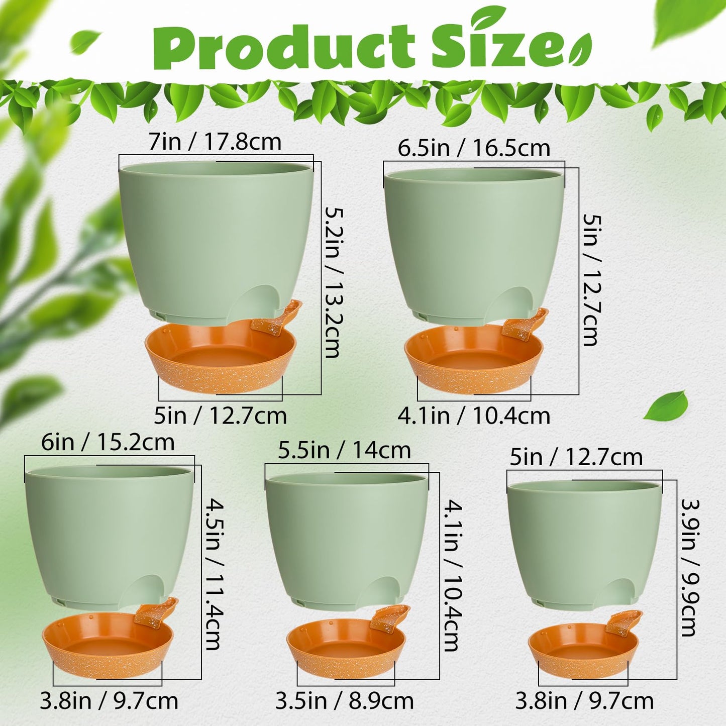 Remerry 15 Pcs 7/6.5/6/ 5.5/5 Inch Self Watering Planters with Drainage Hole Plant Pots Plastic Flower Pots Self Watering Pot and Saucer Reservoir for Garden Plant Flower(Green)