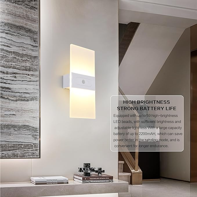 LED Dimmable Wall Sconces 2Pack,2200Mah Battery Motion Sensor Magnetic Wireless Rechargeable Wall Lamp with Button Switch Warm White for Bedroom Living Room Hallway