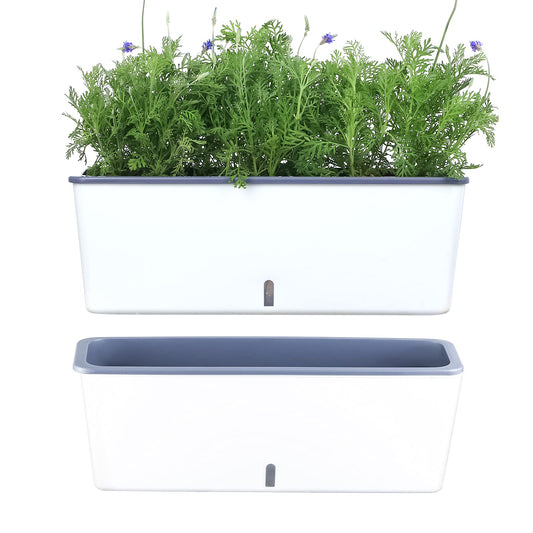 2 Pack Rectangular Planter 17 x 4.5 in Self Watering Planter Window Sill Planters Indoor Rectangle Planter Self Watering Pots Plastic Plant pots with Drainage Holes White Flower Pot Indoor
