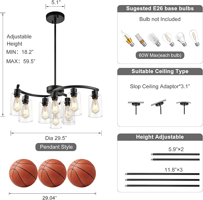 9-Light Modern Farmhouse Chandelier，29.5" Black Dining Room Light Fixture，Industrial Pendant Lights Kitchen Island,Metal Bracket with Downward Clear Glass Shade