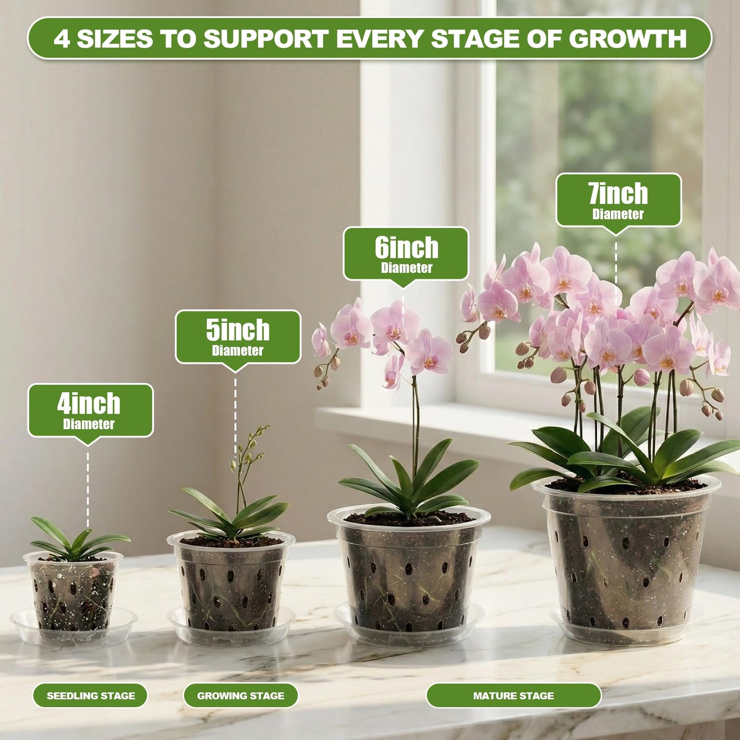 14 Pack Clear Orchid Pots with Holes, 4, 5, 6, 7 Inch Plastic Orchid Pot with Drainage for Repotting, Includes Saucers and Plant Stakes, Large Small Breathable Plant Pots for Indoor Outdoor Use