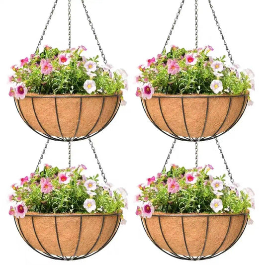 Qusuxi 4 Pack 14 Inch Hanging Baskets for Plants Outdoor Metal Hanging Planter Hanging Flower Baskets with Coco Fiber Liners Chain Round Wire Plant Holder Hanging Flower Pots(Watermelon)