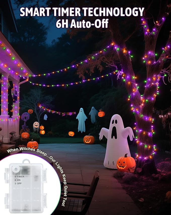 Halloween String Lights Battery Operated, Orange Purple and Green Lights with Timer Waterproof 16.4ft 50 LED Halloween Decorations for Outdoor Indoor Patio Party Garden Yard Decor