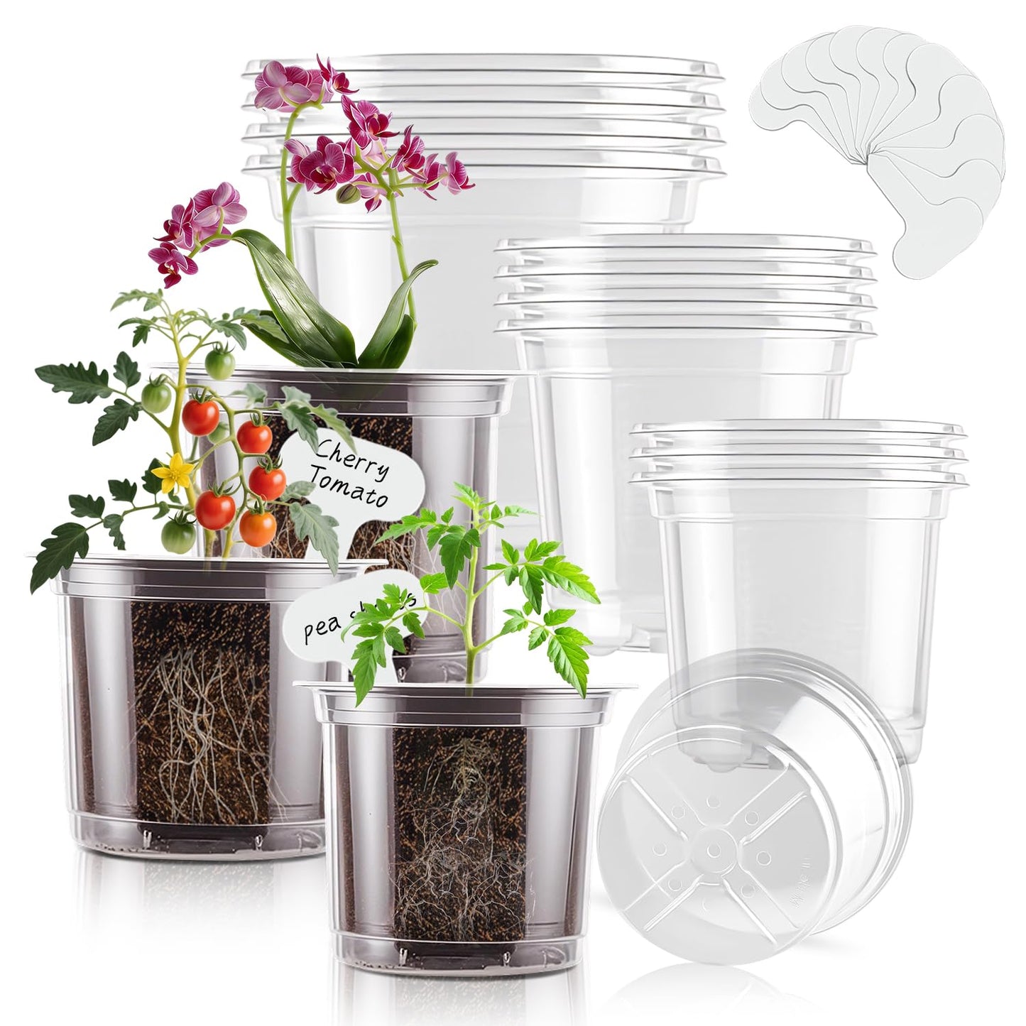 SupKing Clear Nursery Pots 5/4/3.5 Inch Plastic Seed Starter Plant Flower Pot with Drainage Holes for Transplanting Succulents Cuttings Seedlings 15 Labels (12Pcs)