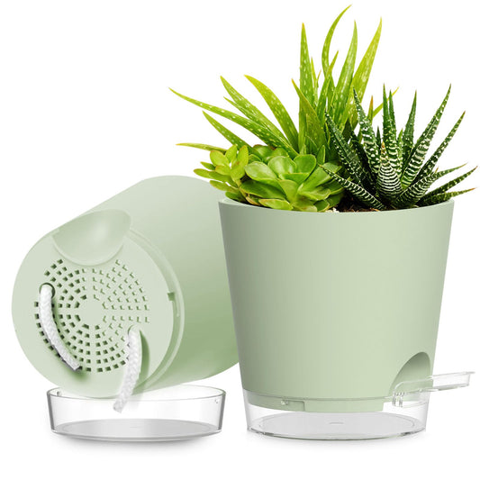 SQKH Plant Pots 8 Inch Self Watering Pots, 2 Pack Plastic Planters with Drainage Holes and Clear Saucers,Plastic Flower Pots for Indoor Out Door Plants (Green)