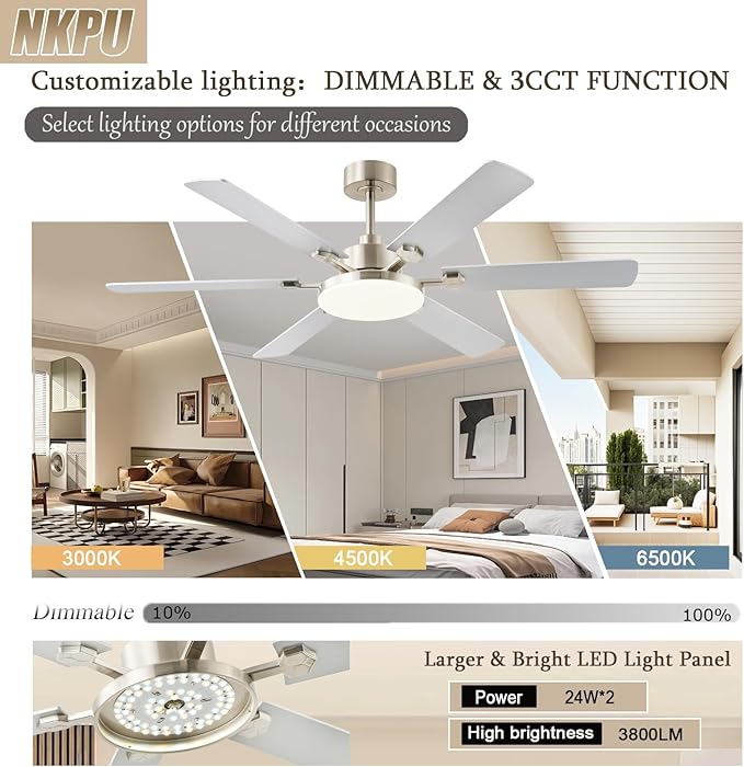 56 Inch Ceiling Fans with Lights, Large Modern Nickel Ceiling Fan with Light and Remote Control, 6 Double Sided Blades, 6 Speed DC Motor, Dimmable LED, Silent Timing, Indoor Outdoor Patio Use