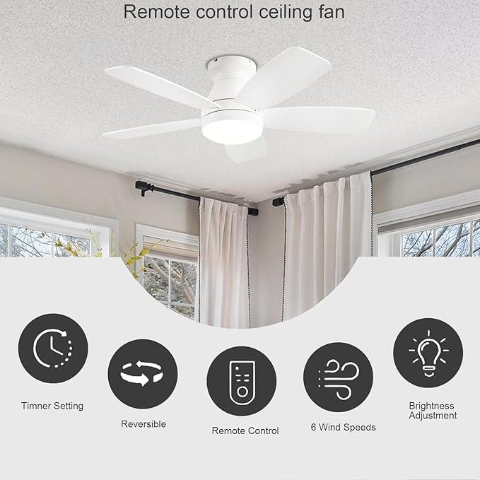 Ceiling Fans with Lights, 42 Inch Low Profile Ceiling Fan with Light and Remote/App Control, Flush Mount, Reversible, 3CCT, Dimmable, Noiseless, White Ceiling Fan for Indoor/Outdoor Use