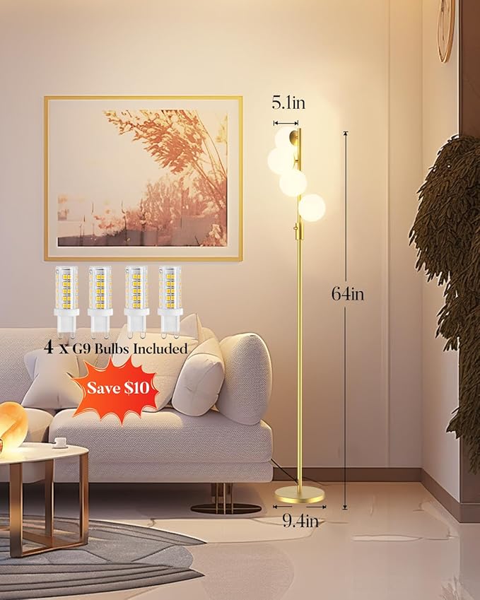 Gold Globe Floor Lamp Dimmable 64IN Tall Standing Lamps with Soft Warm White Eye Care 3000K G9 Bulbs, Mid Century Modern Floor Lamp for Living Room Bedroom