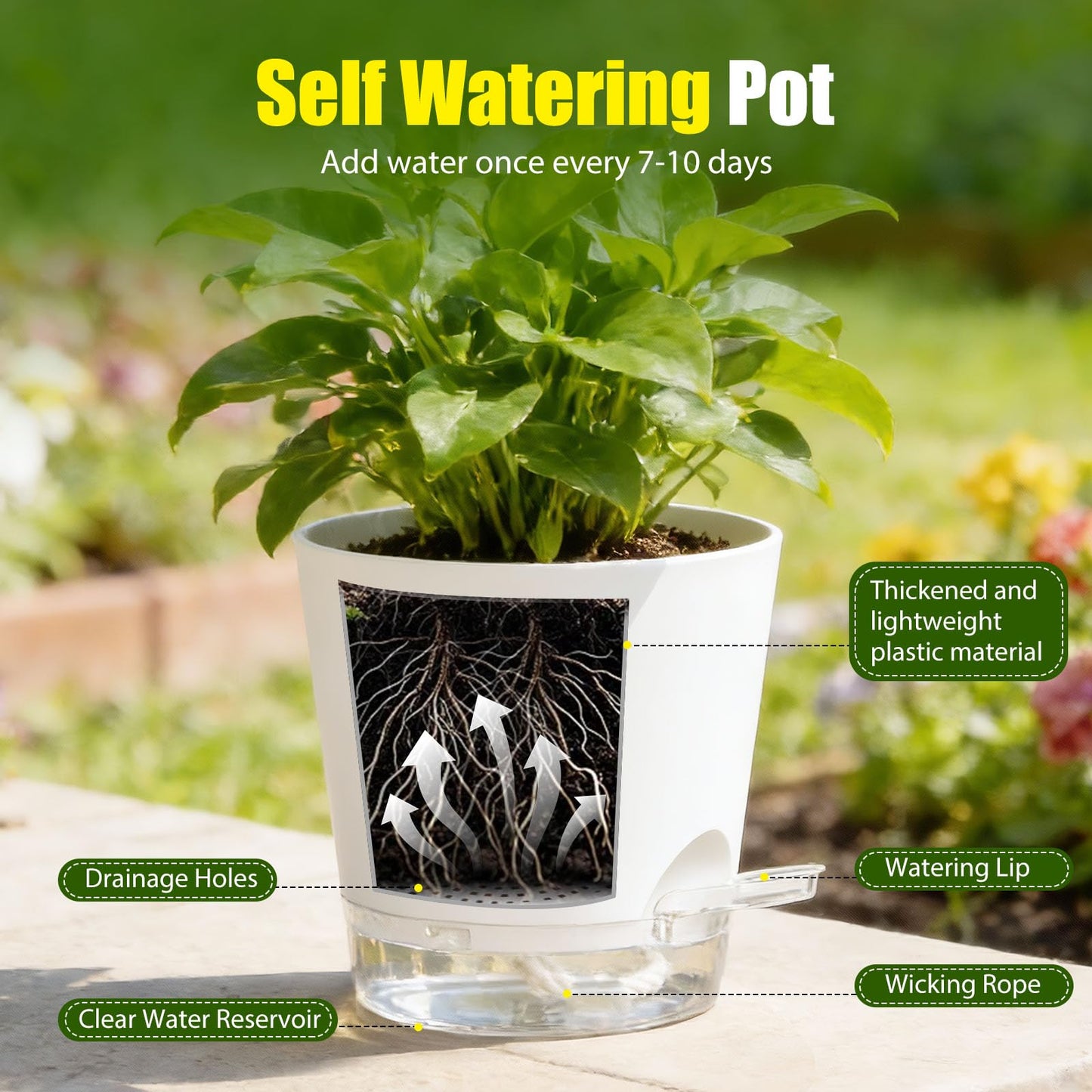 SQKH Plant Pots 4/5/5.5/6/6.5/7/8 Inch Self Watering Pots, 7 Pack Plastic Planters with Drainage Holes and Clear Saucers,Plastic Flower Pots,Nursery Planting Pot for Indoor Out Door Plants(White)