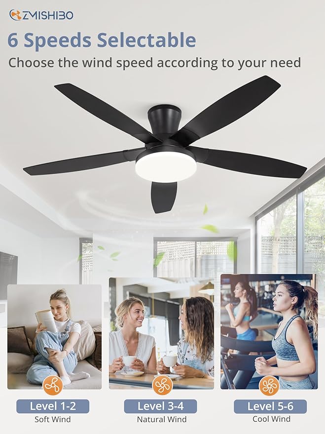 ZMISHIBO 52 inch Ceiling Fans with Lights and Remote/APP Control,Black Low Profile Ceiling Fan with Light,Quiet DC Motor,LED Dimmable, Modern Flush Mount Ceiling Fan for Bedroom Indoor/Outdoor Patio