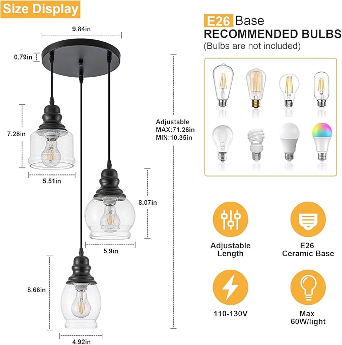 WILON Pendant Light Fixtures, 3 Light Pendant Lighting for Kitchen Island Industrial Hanging Pendant Lighting with Seeded Glass Shade, Black Glass Pendant Light for Dining Room Kitchen Island