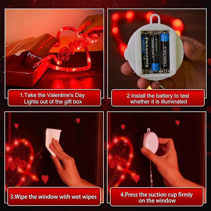 3 Pack Valentines Day Window Lights Decorations with Timer, Battery Powered Hanging Red Lighted Heart Shaped Silhouette Sucker LED Lamp for Fireplace Indoor Home Decor