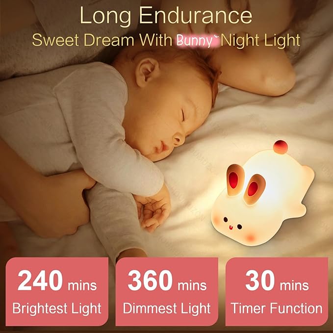 Cute Bunny Night Light, Squishy Rechargeable Bunny Lamp Kids Easter Gift, Big Face Rabbit Decor, Mom or College Girl Gifts, Dimmable Bunnies, Nursery Touch Nightlight, Safe Silicone