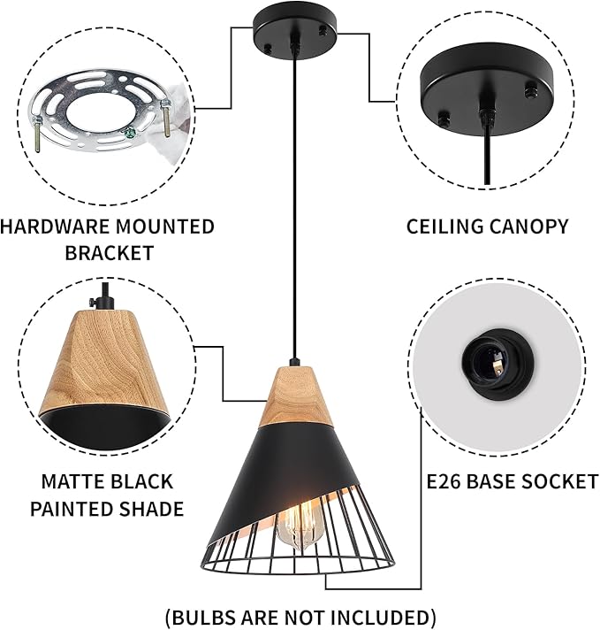 Black Pendant Light, 2 Packs 9.4inch Modern Pendant Lights, Farmhouse Pendant Light, Kitchen Pendant Lighting, Black Pendant Lights Kitchen Island for Living Room, Bar, Bedroom, Office