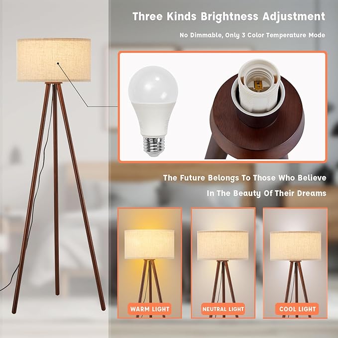 BTP Wood Tripod Floor Lamp for Living Room, 3 Color Temparature Bulb Included, Mid Century Modern Wooden Floor lamp with Linen Shade for Bedroom, Office, ETL Listed Walnut Wood Color
