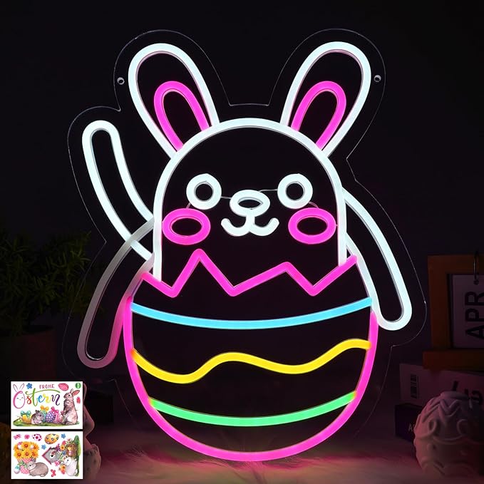 Easter Neon Sign for Wall Decor with Sticker, Waving Bunny Neon Lights, Dimmable LED Easter Rabbit Egg Window Decoration, Light Up Lamp Gift for Bedroom, Bar, Gameroom Decor, Wedding Birthday Party