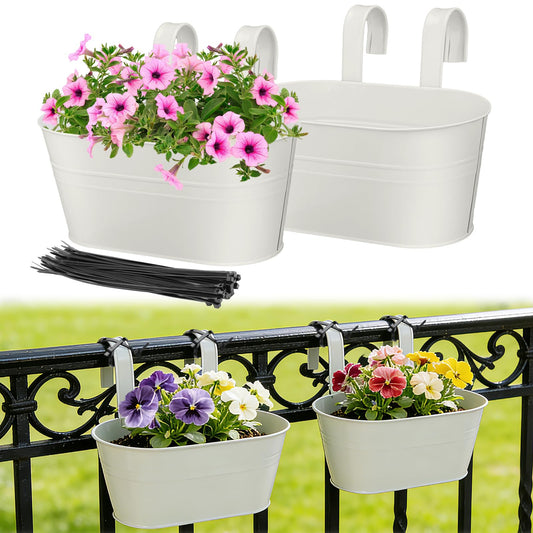 MADHOLLY Railing Planter with Drainage Holes - Sturdy Bucket Pots for Railing Fence, Countryside Style Metal Flower Pots for Herbs Balcony Garden Yard Decor, 2Pcs, White