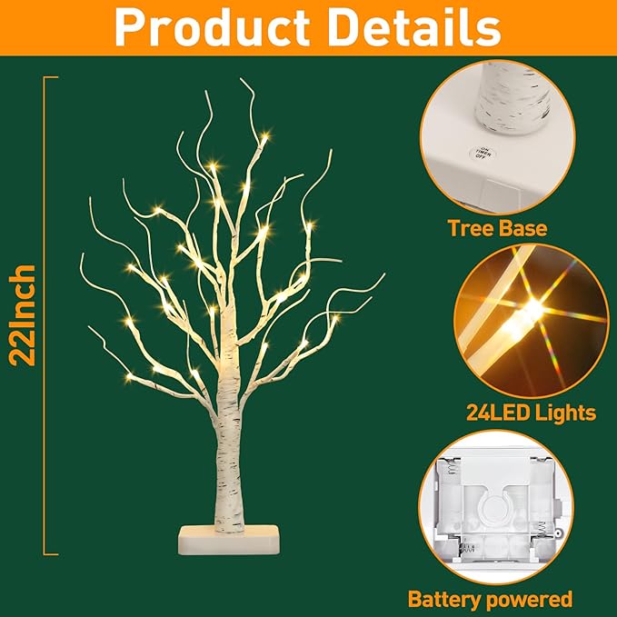 EAMBRITE Birch Tree with Led Lights, White Christmas Tree, Lighted Mini Small Artificial Tree Lamp Prelit Twig Trees Timer Battery Operated for Table Centerpiece Easter Home Decorations Indoor 2Pack