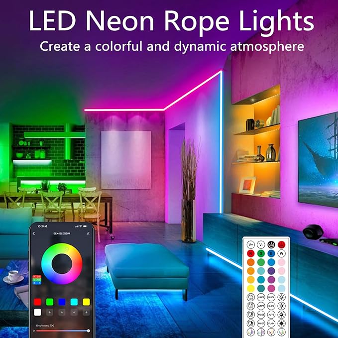 50FT Neon Rope Lights,Flexible Led Rope Light Control with App/Remote,Multiple Modes,Music Sync,IP65 Outdoor RGB Led Strip Lights Waterproof