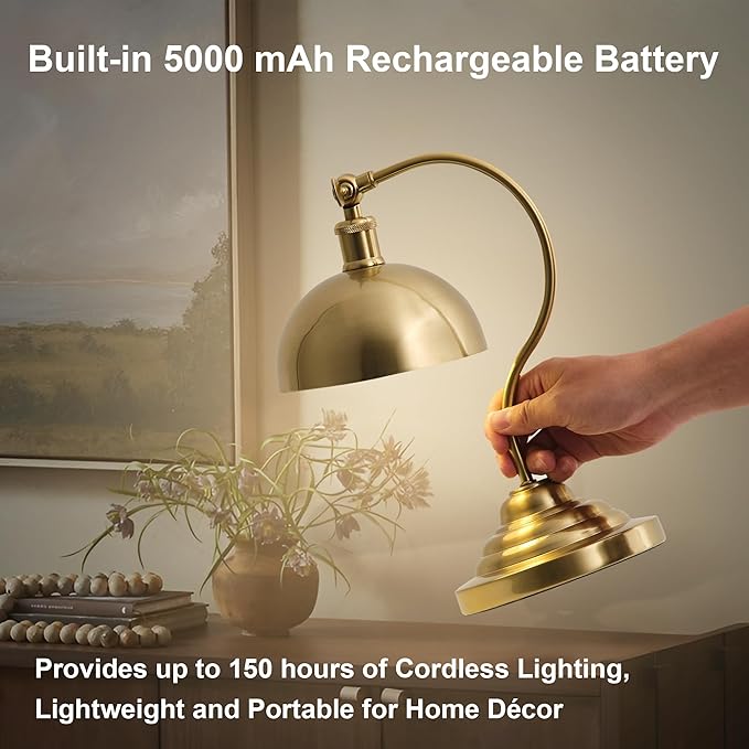 Cordless LED Table Lamp, Battery Operated Desk Lamps with Swing Arm & Plastic Shade, Vintage Small Rechargeable Dimmable Light for Bedroom, Living Room, Nightstand, Brass