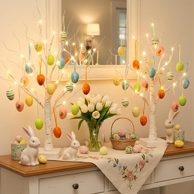 EAMBRITE Easter Decorations, Easter Egg Tree with 36 pcs Eggs Ornaments, Lighted White Birch Tree with Timer Battery Powered, for Home Tabletop Centerpiece Spring Indoor Decorations (2 Pack 24 LED)
