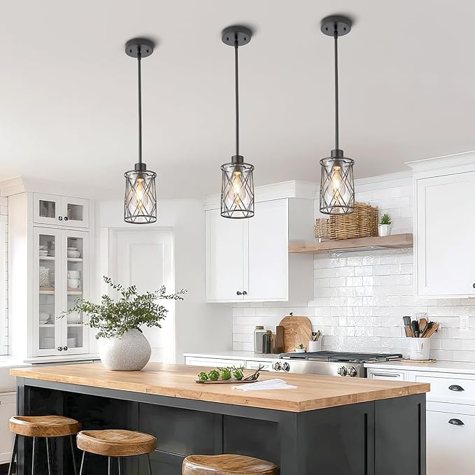Refice Glass Pendant Lights Kitchen Island, Black Kitchen Hanging Light with Clear Glass, Farmhouse Cage Mini Pendant Lighting for Sink Dining Room Bedroom Bar, 2 Pack