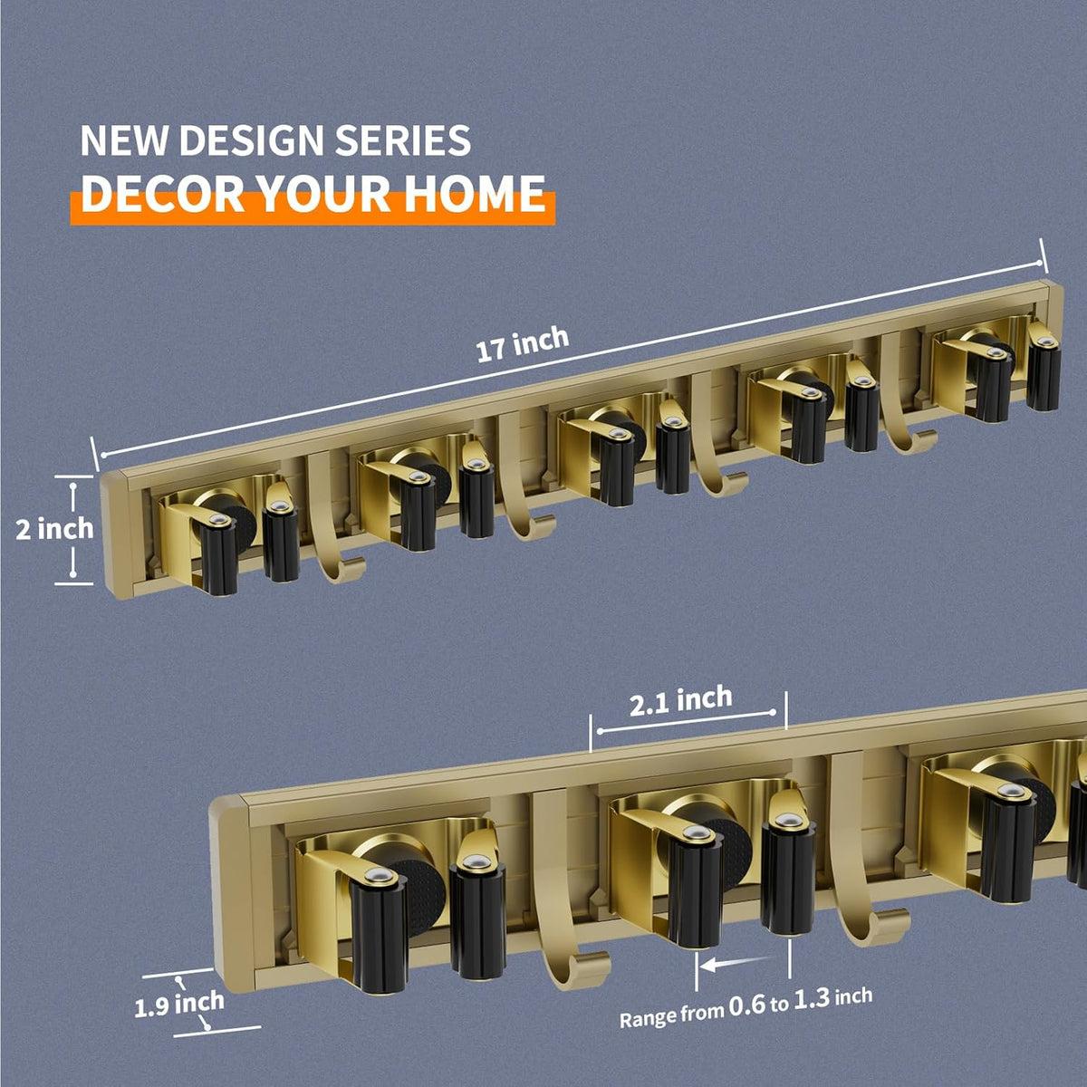 Reliahom Broom Holder - Wall Mount 5 Racks & 4 Hooks | Bronze Mop Storage Organizer for Garage, Kitchen, Garden, Laundry Room