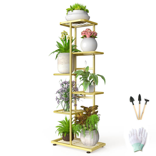 BueDeHai 6 Tier Gold Plant Stands Indoor Outdoor, Upgraded Corner Metal Plant Rack Shelf for Multiple Plants, with Gardening Tools and Gloves, Tall Flower Pot Holder Display for Patio, Balcony
