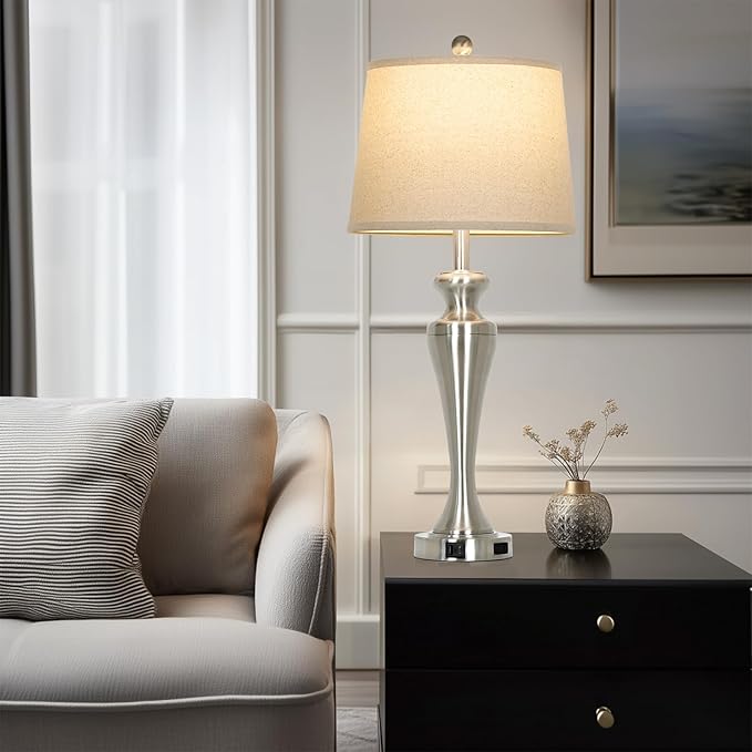30 Inch Single Silver Table Lamp, 3-Way Dimmable Touch Bedroom Lamp with USB A+C Ports and AC Outlet, Modern Metal Brushed Nickel Living Room Lamp, Bedside Lamp for Nightstand Guest Room End Table
