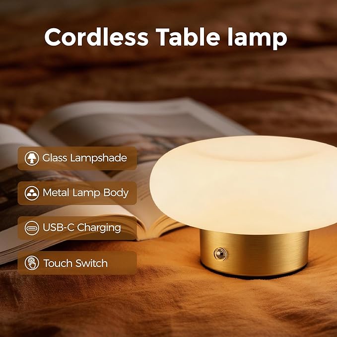 Cordless Table Lamp, Gold Rechargeable Battery Operated Lamp, Stepless Dimming Touch Lamp with Glass Lampshade for Bedroom, Living Room, Dining Table, Nightstand, Shelf Decor