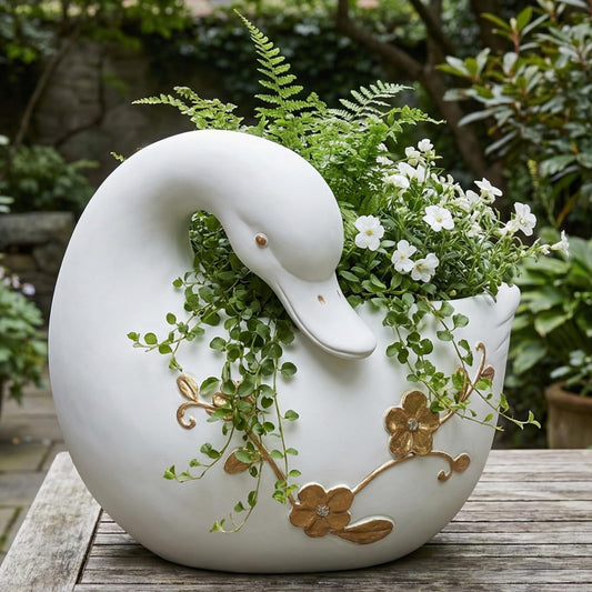 pandaxing White Goose Planter for Succulents Indoor Outdoor with Drainage Hole, Resin Animal-Shaped Flower Pot for Home & Garden Decor, Duck Plant Lover Gift