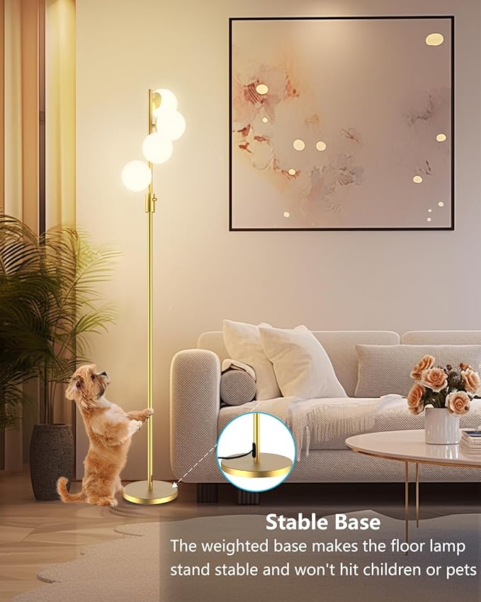 Gold Globe Floor Lamp Dimmable 64IN Tall Standing Lamps with Soft Warm White Eye Care 3000K G9 Bulbs, Mid Century Modern Floor Lamp for Living Room Bedroom