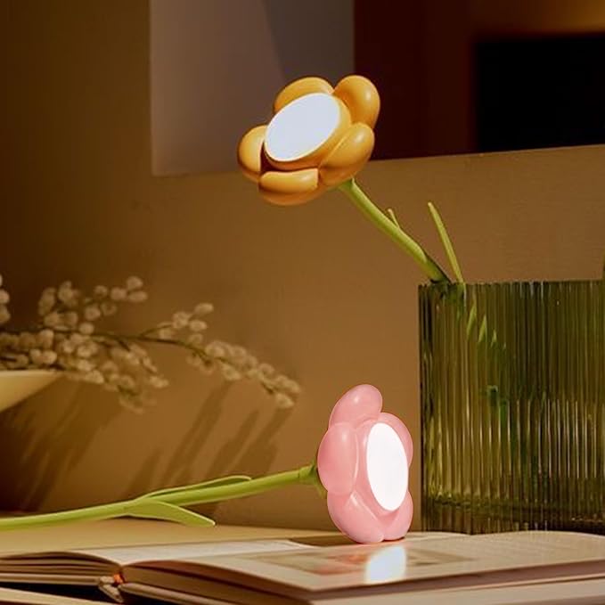 LIYAOLI Pink Flower Desk Lamp for Girls,Neck Reading Light,Rechargeable LED Lamp with USB Charging Port,3 Color Modes & Stepless Dimming,Mini Desk Lamp Office Desk Decor (Pink)