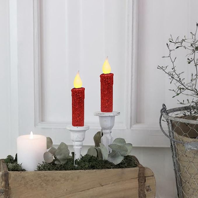 CVHOMEDECO. Glitter Flameless Candles Flickering Battery Operated LED Taper Candles with Timer for Home, Wedding, Halloween, Christmas Decor. Red, 4-3/4 Inch, Set of 2
