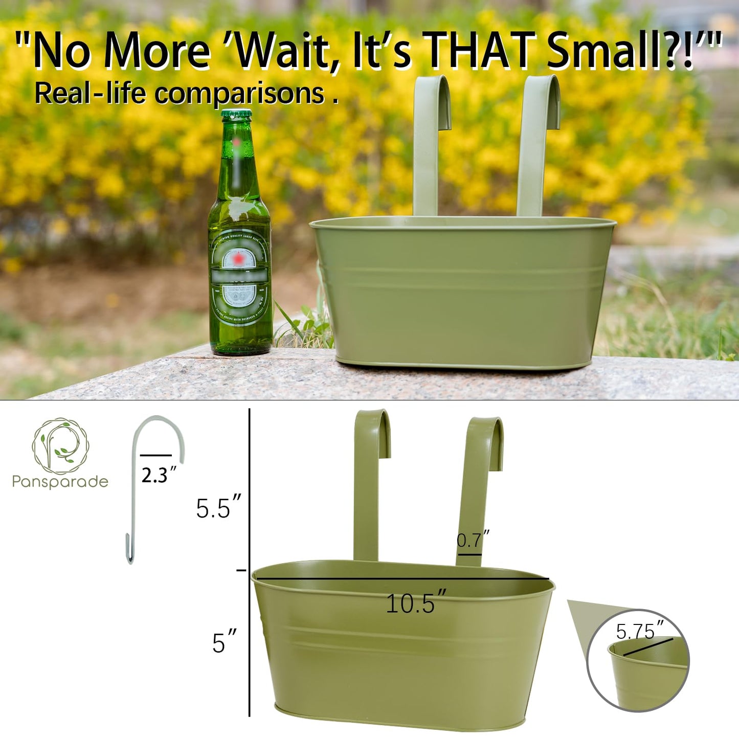 pansparade 3 Pack Metal Hanging Flower Pots for Railing Fence，Outdoor Balcony Rail Planter with Detachable Hooks Drainage Holes for Deck Garden Home Decor Green