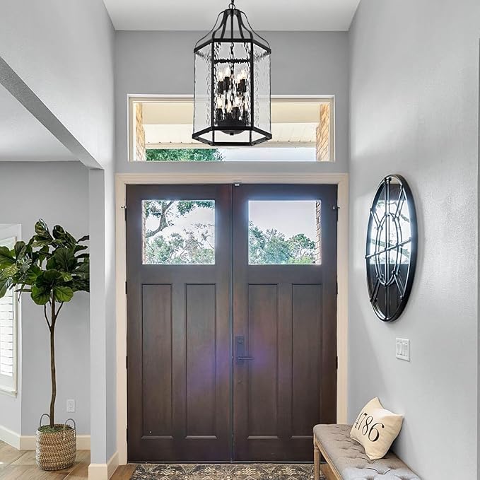 14" Modern 8-Light Exterior Black Lantern Pendant Light Fixture with Clear Rippled Glass Mini Industrial Hanging Cage Chandelier for Outdoor Kitchen Dining Room Hallway Entryway Foyer Porch