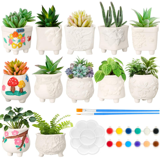 Hushee 12 Sets Ceramic Succulent Planters Paintable Succulent Plant Pots Small DIY Figurines Unpainted Pots with Drainage Hole Color Paints Paintbrushes Palettes(Flower)