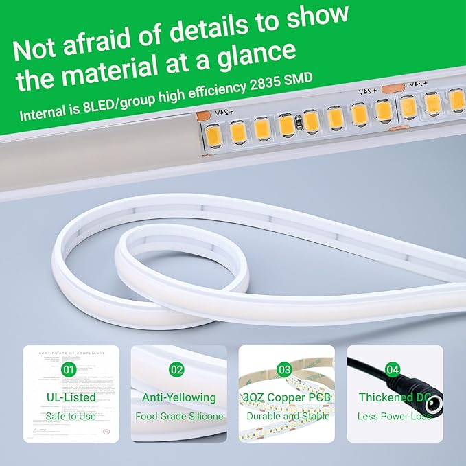 JOYLIT 2nd Gen Super Bright Neon LED Strip Lights 24V 16.4FT/5M Warm White Outdoor Waterproof, CE UL PRO 735LM/FT 5.8W/FT CRI 92+ 3000K Neon Rope Light for Yard, Pool (24V Transformer Not Included)