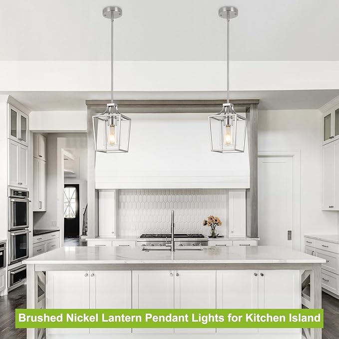 Brushed Nickel Lantern Pendant Light Fixture Pendant Lights for Kitchen Island with Clear Glass Shade, Adjustable Height Rods Pendant Lighting for Dining Room Kitchen Foyer Hallway