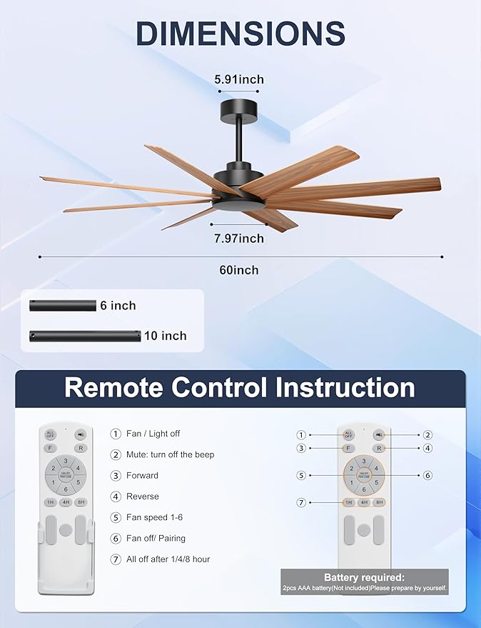 Ohniyou 60'' Ceiling Fan No Light - 8 Blades Modern Farmhouse Ceiling Fan Remote/APP Control, Covered Outdoor Ceiling Fan for Patio, Living Room, Black+Wood Color