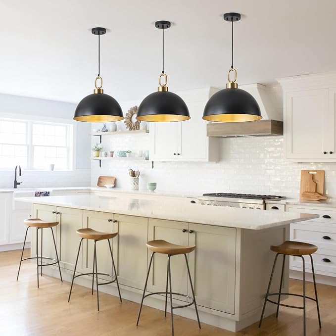 16.1" Large Farmhouse Pendant Lights Kitchen Island, Industrial Dome Pendant Light Fixture, Matte Black with Gold Handle Adjustable Height Hanging Island Light for Dining Room,Kitchen,Cafe