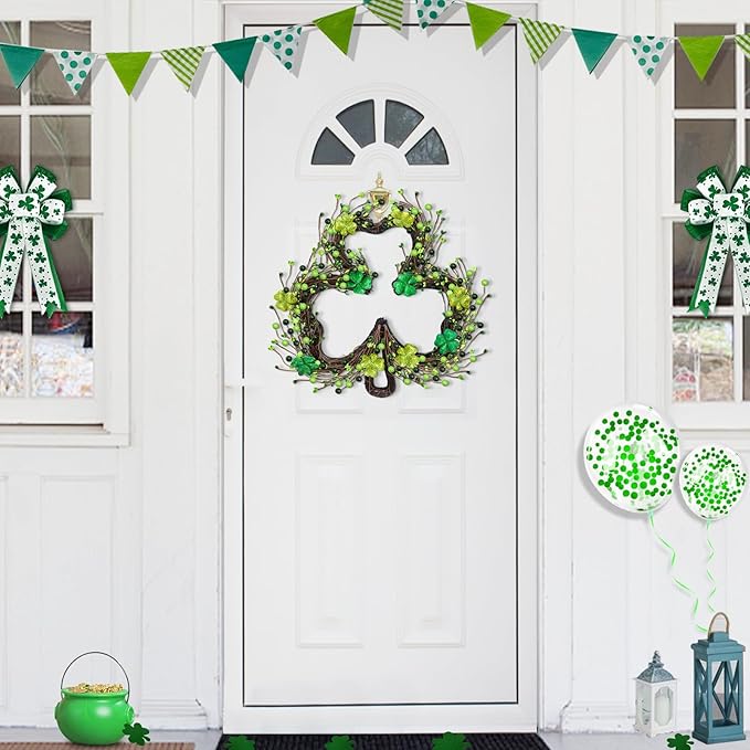 St Patricks Day Decorations, Shamrocks Wreath for Front Door, 20 Green Lights Timer Battery Operated 18 Inch 10 Shamrocks 162 Berries Battery Operated Spring Artificial Wreath St. Patrick's Day Decor