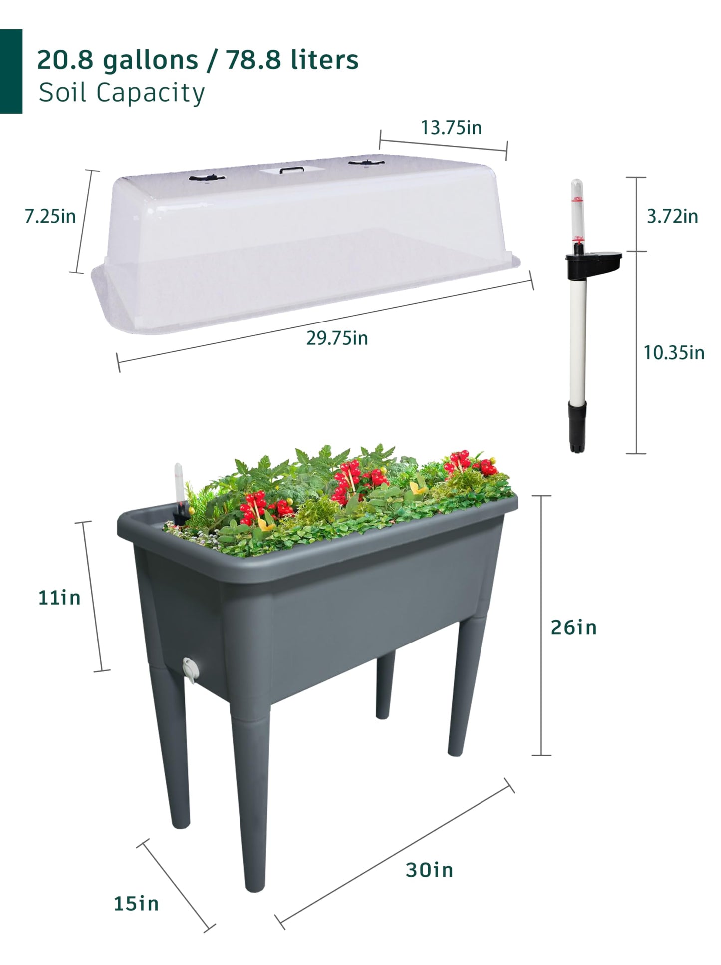 FENCETECH 20.8 Gallon Self Watering Raised Garden Bed with Greenhouse Cover, 30" x 25.6" x 15" Plastic Plant Box with Legs and Drainage Plug, Grey