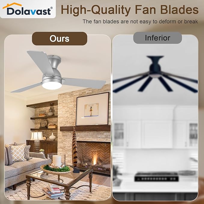Ceiling Fans with Lights and Remote, 42 Inch Ceiling Fan with Light, Low Profile, Reversible, Dimmable LED, Flush Mount, Quiet, DC Motor, Nickel Ceiling Fan for Bedroom, Kitchen, Dining Room