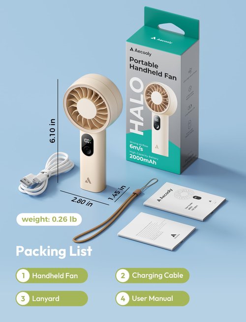 Aecooly Mighty Portable Fan, Powerful Handheld Fan, USB Rechargeable [10H Max Cooling Time], Mini Personal Battery Powered, Pocket for Travel, Summer, Gifts for Women, Girls -Beige