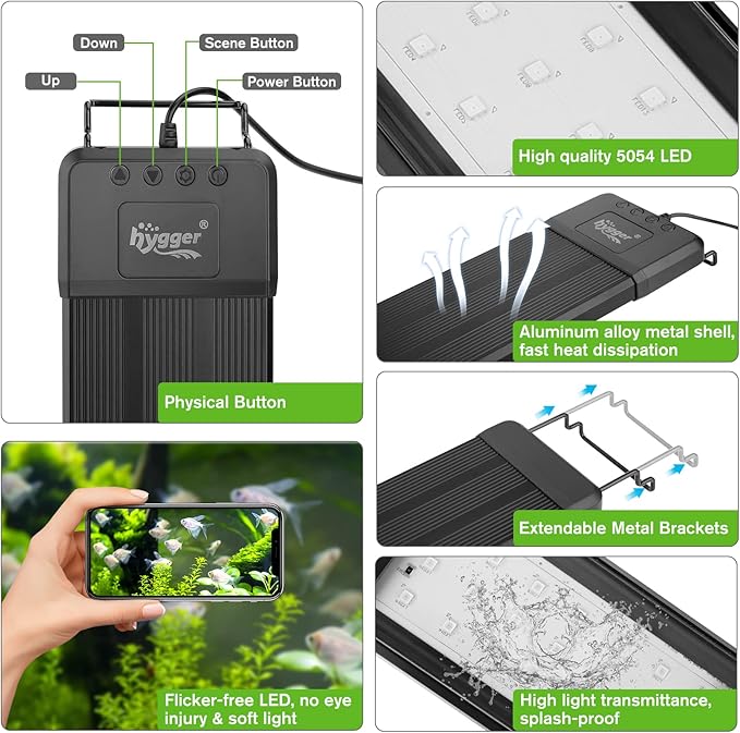 hygger 60W Smart Aquarium Light, Bluetooth LED Light with App Control, Full Spectrum Fish Tank Light with 24/7 Lighting Cycle, 5 Modes, Adjustable Timer, for 48"-55" Freshwater Planted Tank
